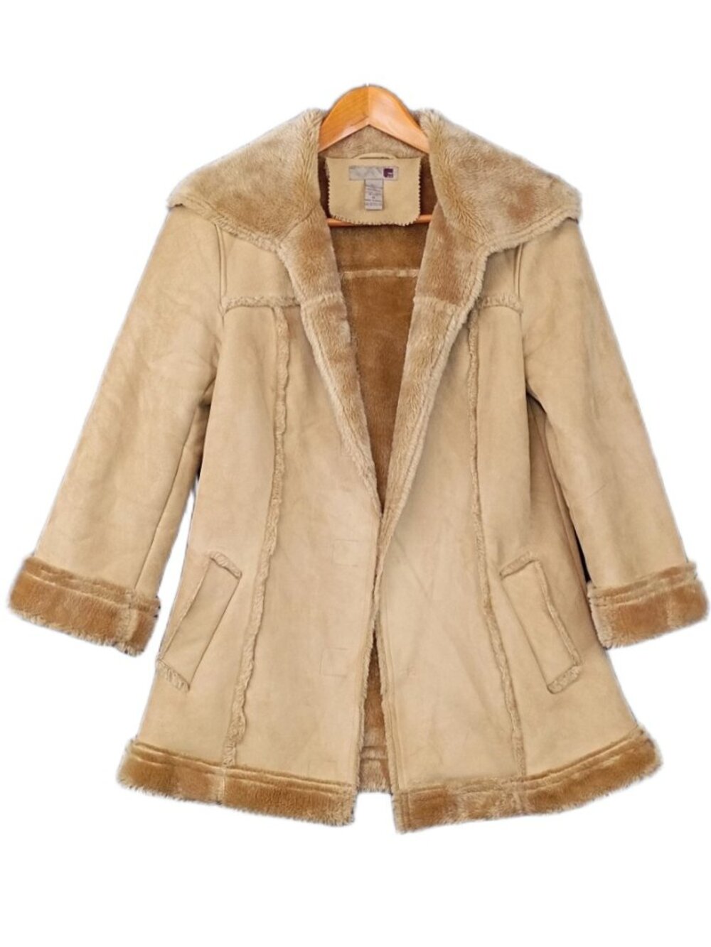Vtg Y2K Forever 21 Penny Lane Coat Faux Suede Fur Trim Boho Afghan Jacket Tan M